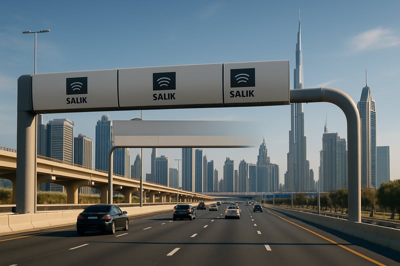 Modern Dubai highway with electronic toll booths and city skyline Modern Dubai highway with electronic toll booths and city skyline